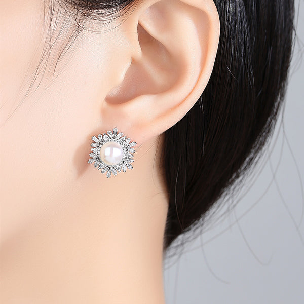 Sterling Silver Snowflake Stud Earrings Korean Gemstone Pearl Earrings Fashion Silver Mostore.com