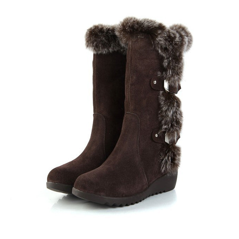 Brown New Winter Women Casual Warm Fur Mid-Calf Boots Shoes Women Slip-On Round Toe Flats Snow Boots Shoes Mostore.com