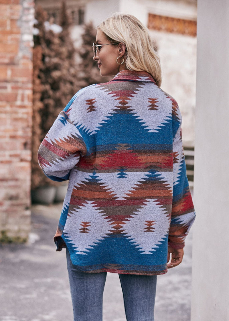 Geometric Print Jacket Shirt Winter Stand Collar Coats With Pockets Women's Outwear American Varieties