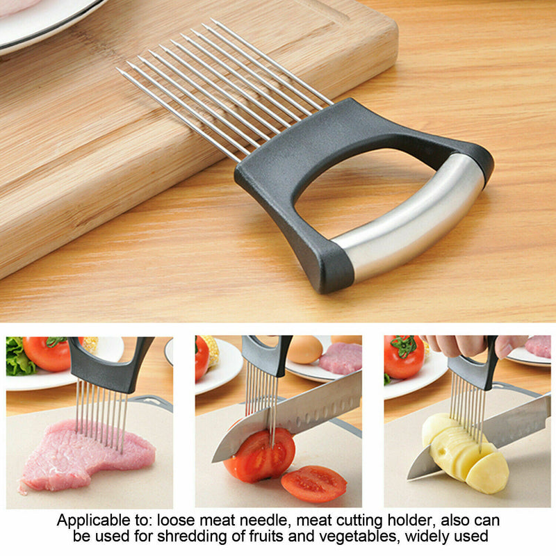 Food Slice Assistant - Stainless Steel Onion Holder Slicer Tomato Cutter NonSlip Mostore.com