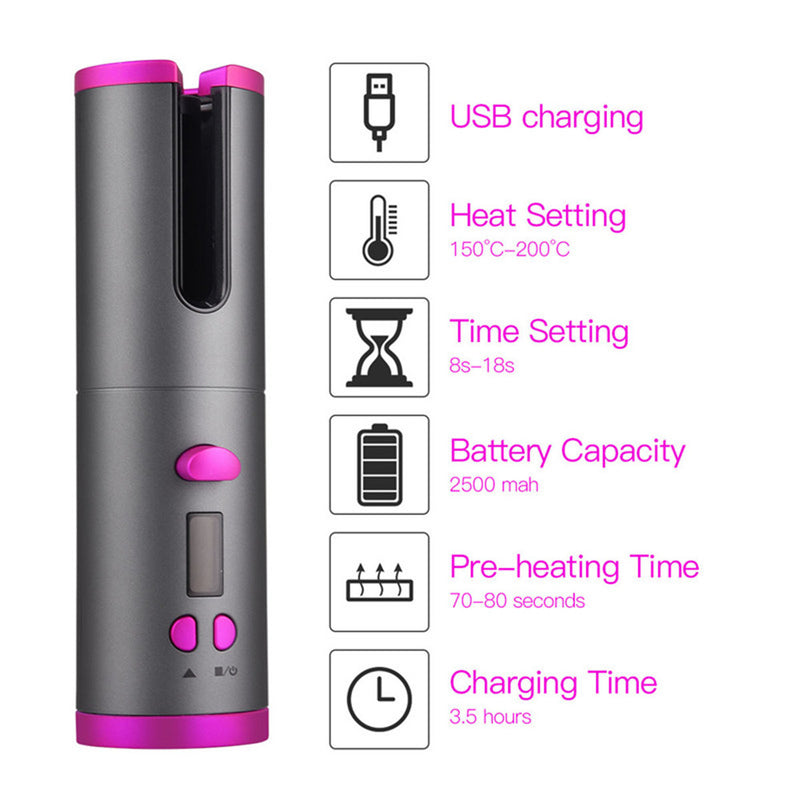 Automatic Hair Curler Curling Iron Wireless Ceramic USB Rechargeable With LED Digital Display Mostore.com