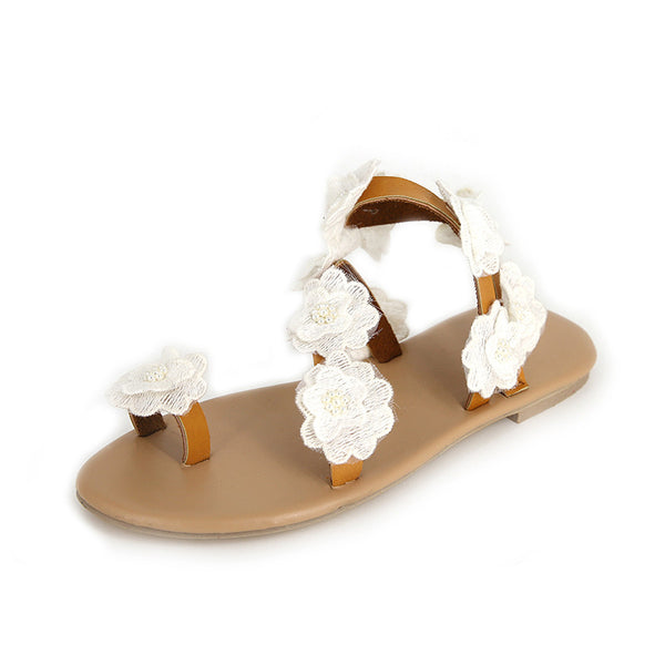 Manufacturers produce summer foreign trade new pu toe flowers flat bottom set ladies fashion large size sandals women now Mostore.com