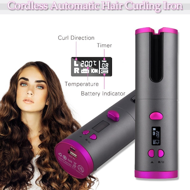 Automatic Hair Curler Curling Iron Wireless Ceramic USB Rechargeable With LED Digital Display Mostore.com