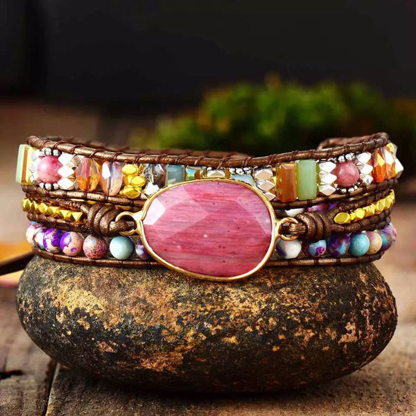 Ethnic Style Red Wood Grain Leather Rope Crystal Bracelet Mostore.com
