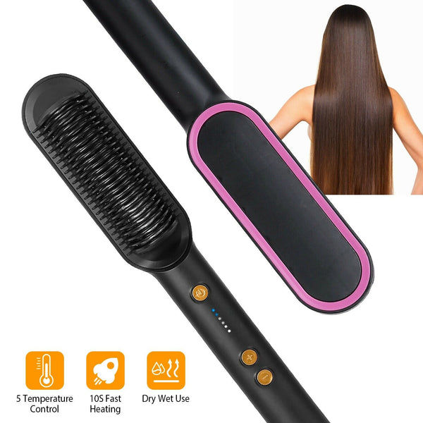 2-in-1 Electric Hair Straightener Brush Hot Comb Adjustment Heat Styling Curler Mostore.com