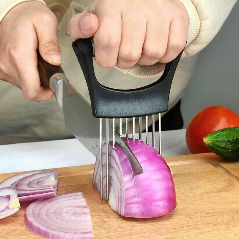 Food Slice Assistant - Stainless Steel Onion Holder Slicer Tomato Cutter NonSlip Mostore.com