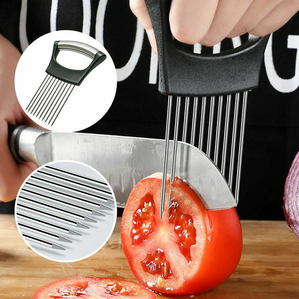 Food Slice Assistant - Stainless Steel Onion Holder Slicer Tomato Cutter NonSlip Mostore.com