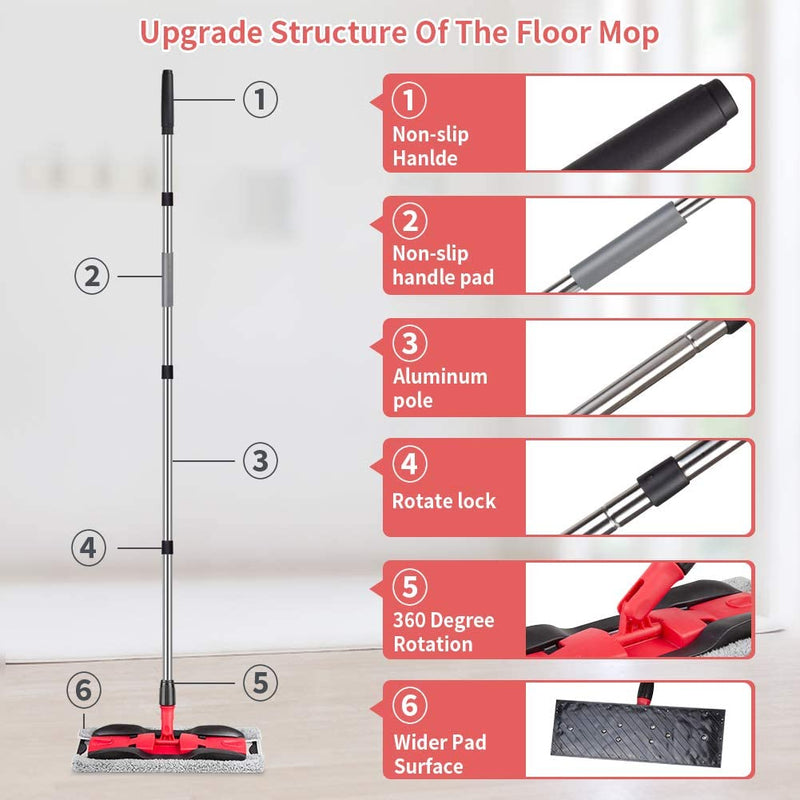 Microfiber Floor Mop 360 Rotating Dust Wet Mop For Hardwood Cleaning With Adjustable Handle, 4 Reusable Washable Mop Pads And 1 Scraper American Varieties