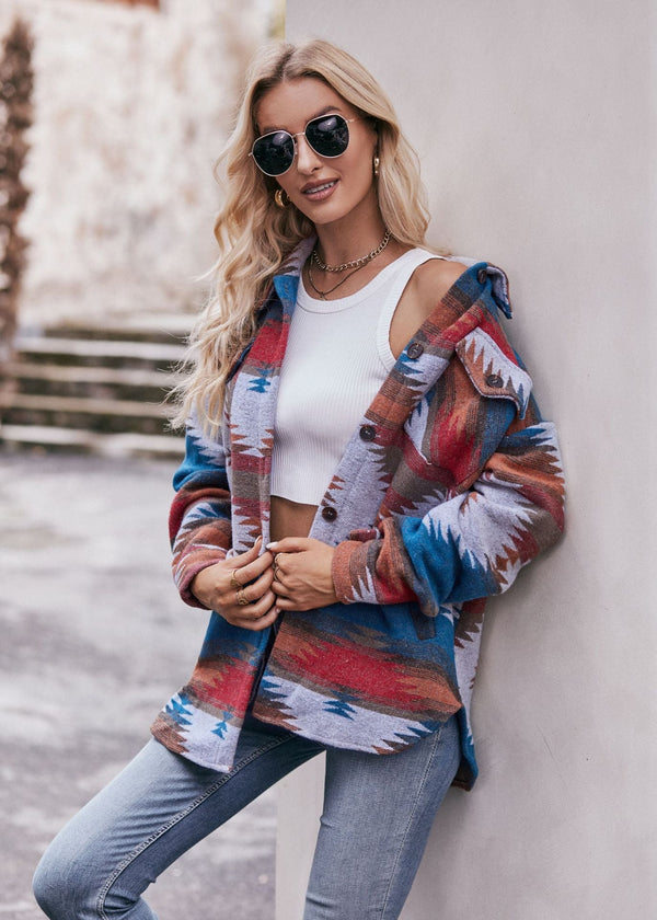 Geometric Print Jacket Shirt Winter Stand Collar Coats With Pockets Women's Outwear American Varieties