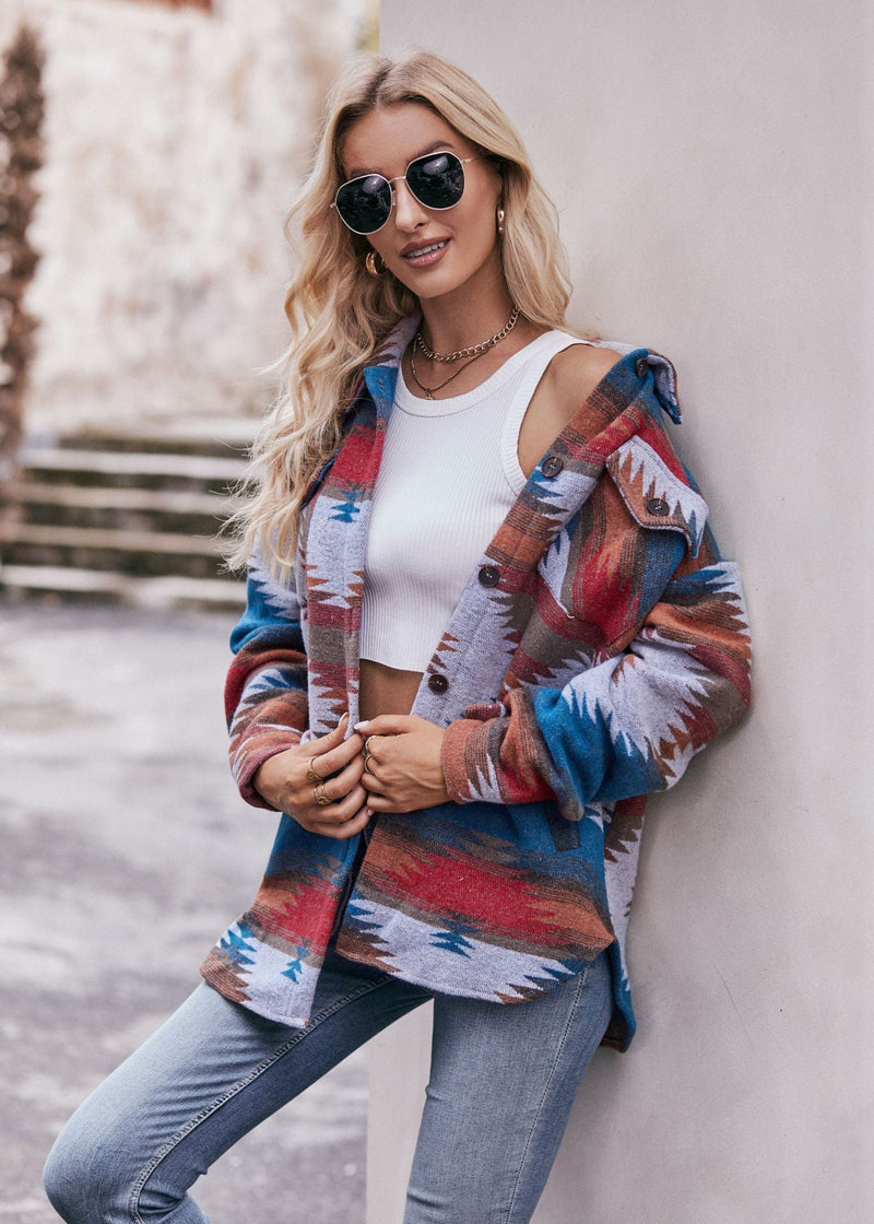 Geometric Print Jacket Shirt Winter Stand Collar Coats With Pockets Women's Outwear American Varieties