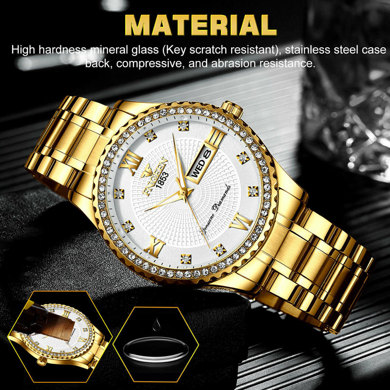Men's Watch Gold Relojes De Hombre Classic Stainless Steel Quartz Diamond Watch Mostore.com