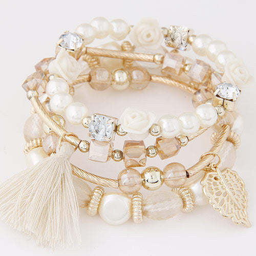 Fashion Trend Crystal Beads Pearl Leaf Fringe Bracelet Mostore.com