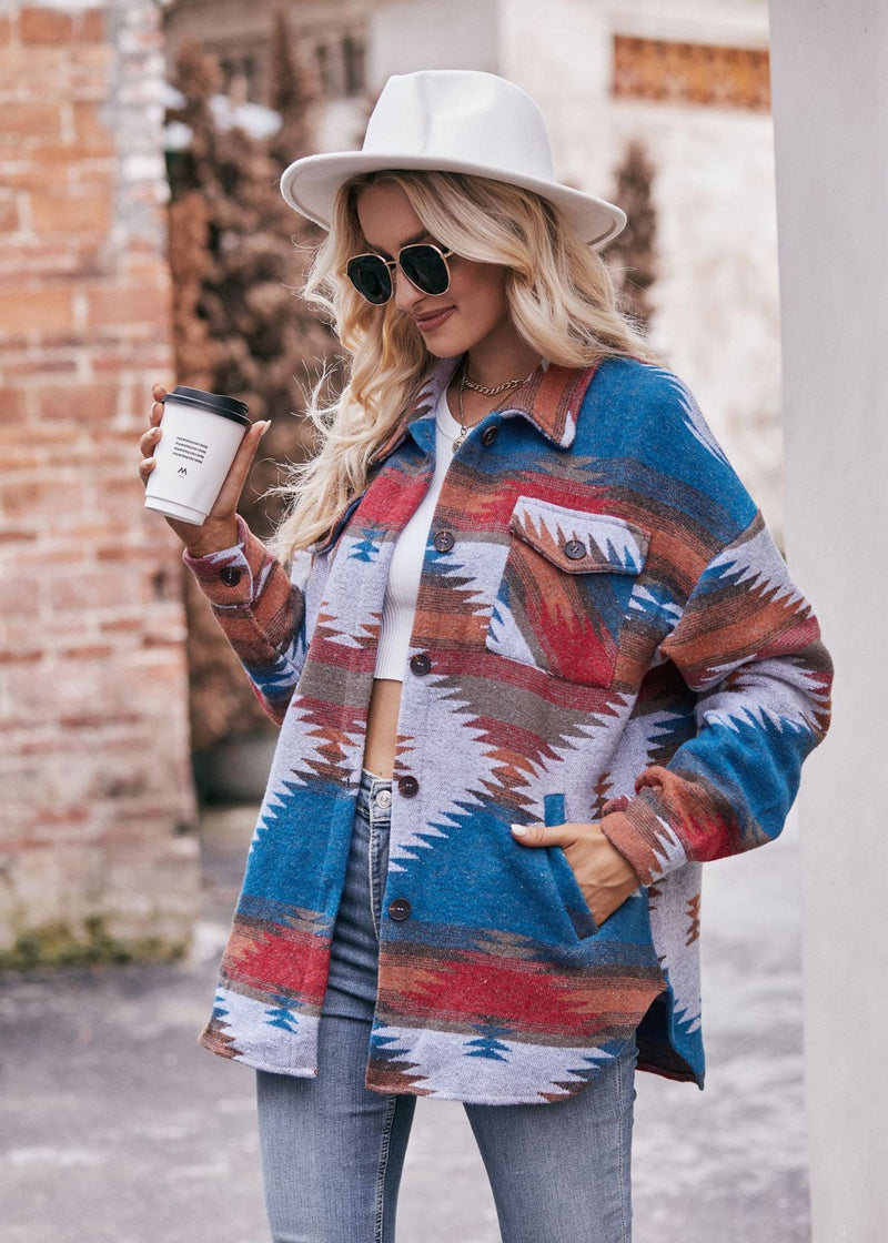 Geometric Print Jacket Shirt Winter Stand Collar Coats With Pockets Women's Outwear American Varieties