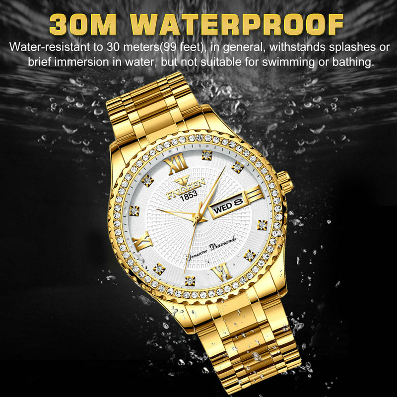 Men's Watch Gold Relojes De Hombre Classic Stainless Steel Quartz Diamond Watch Mostore.com