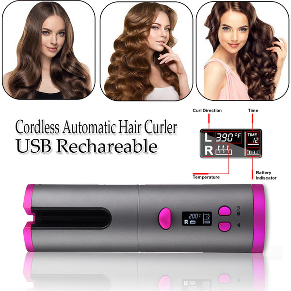 Automatic Hair Curler Curling Iron Wireless Ceramic USB Rechargeable With LED Digital Display Mostore.com