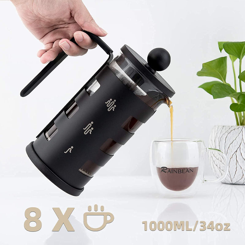 Stainless Steel Cafetiere 8 Cup, RAINBEAN French Press Coffee Maker Easy Cleaning Cafeteria, Double Walled Heat Resistant Borosilicate Glass Coffee Caffettiera, 1000ml /34 oz, Black, Amazon Banned Mostore.com