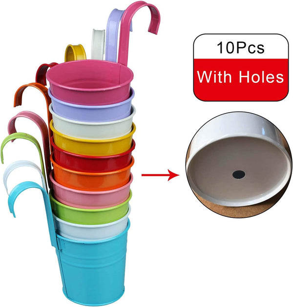 10pcs Colorful Hanging Planter Pots, Metal Hanging Flower Pots With Drainage Hole American Varieties