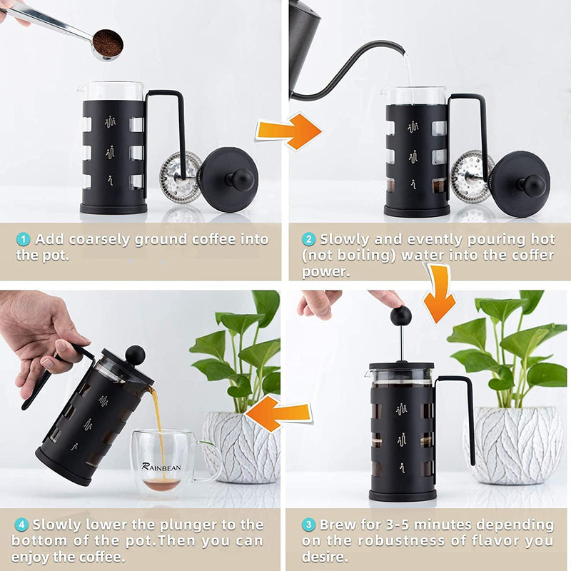 Stainless Steel Cafetiere 8 Cup, RAINBEAN French Press Coffee Maker Easy Cleaning Cafeteria, Double Walled Heat Resistant Borosilicate Glass Coffee Caffettiera, 1000ml /34 oz, Black, Amazon Banned Mostore.com