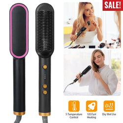 2-in-1 Electric Hair Straightener Brush Hot Comb Adjustment Heat Styling Curler Mostore.com