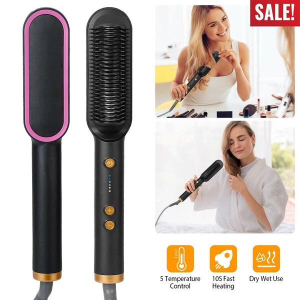 2-in-1 Electric Hair Straightener Brush Hot Comb Adjustment Heat Styling Curler Mostore.com