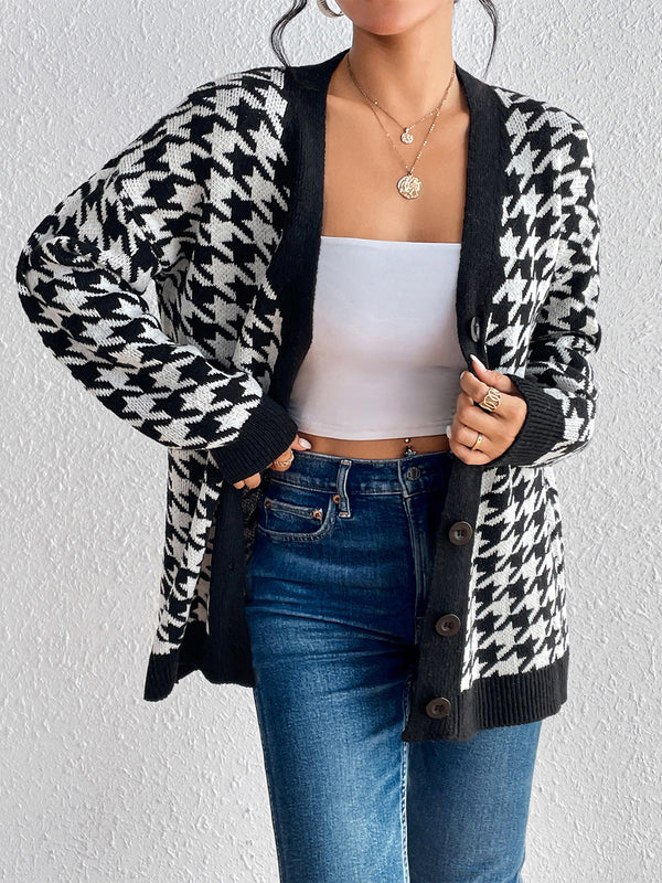 Houndstooth Button Down Cardigan Trendsi