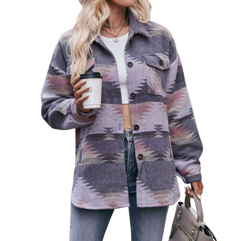 Geometric Print Jacket Shirt Winter Stand Collar Coats With Pockets Women's Outwear American Varieties