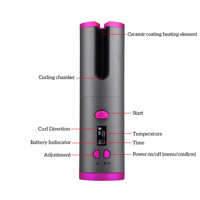 Automatic Hair Curler Curling Iron Wireless Ceramic USB Rechargeable With LED Digital Display Mostore.com