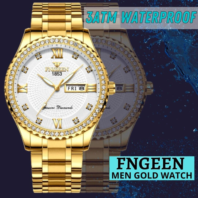 Men's Watch Gold Relojes De Hombre Classic Stainless Steel Quartz Diamond Watch Mostore.com